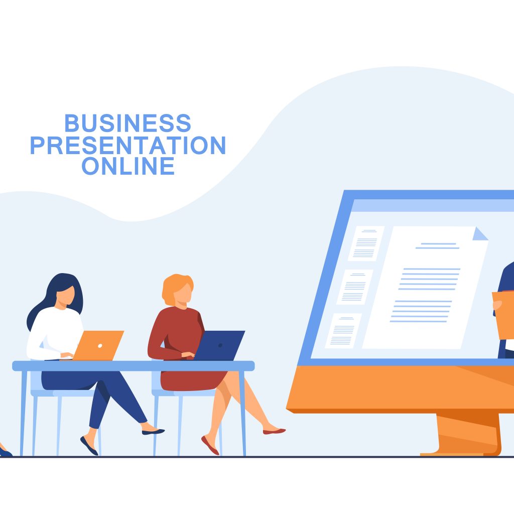 Businesswomen listening to presentation online. Screen, company, laptop flat vector illustration. Business meeting and communication concept for banner, website design or landing web page